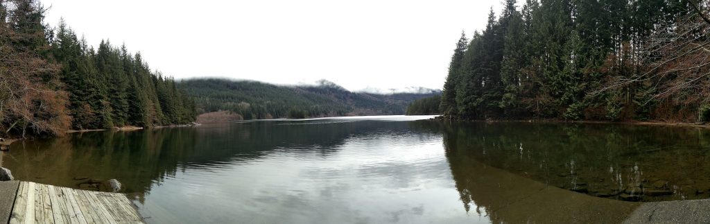 Vue sur le lac bordé d'arbres vert et ocres depuis le bout d'un ponton.